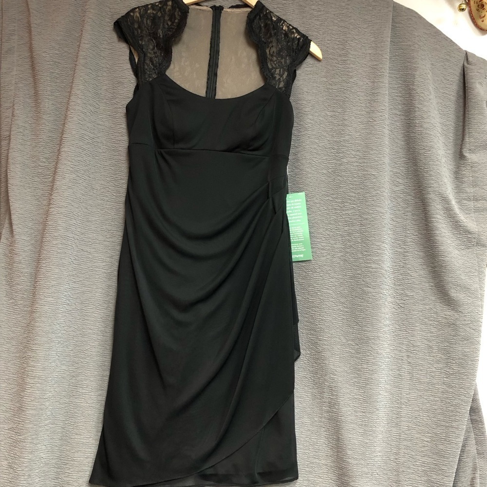 NWT DJ-JAZ Black dress with padded, bodice rusching side for cascading skirt